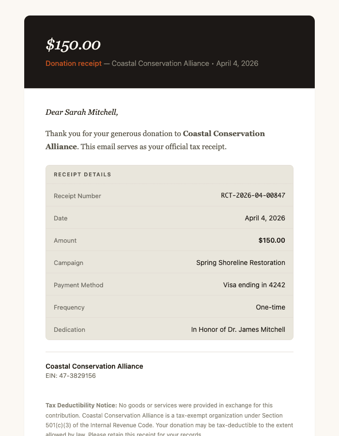 Example donation receipt email from GiveLink