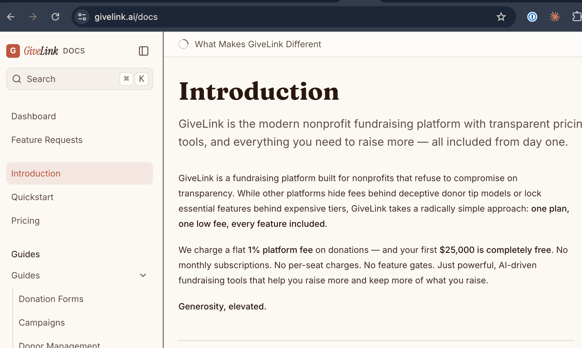 Screenshot of the GiveLink documentation site showing the introduction page
