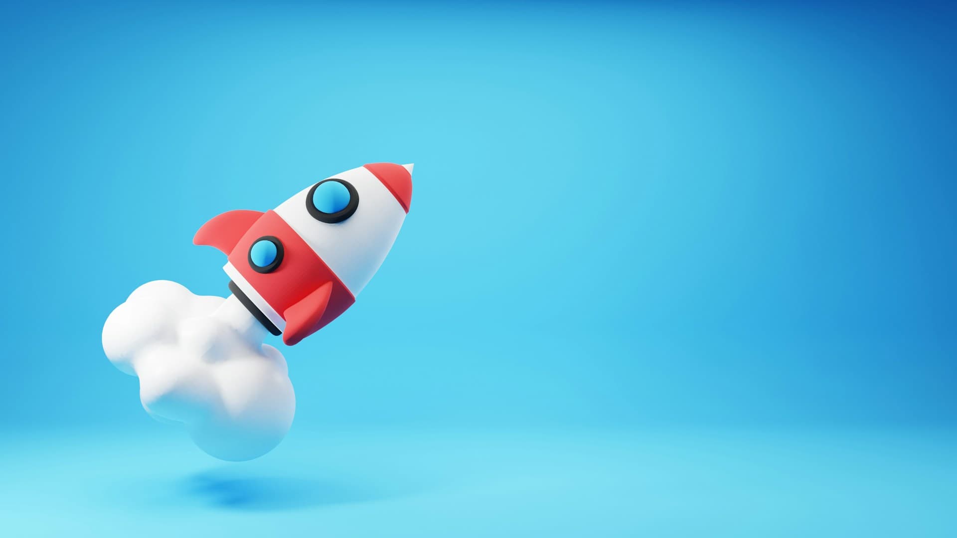 3D rocket launching with cloud trail on blue background